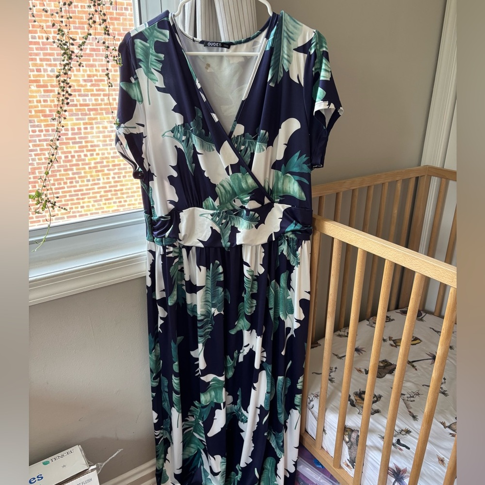 Ouges V-Neck Patterned Pocket Maxi Dress Size 3X XXXL “White Green Leaf” Navy